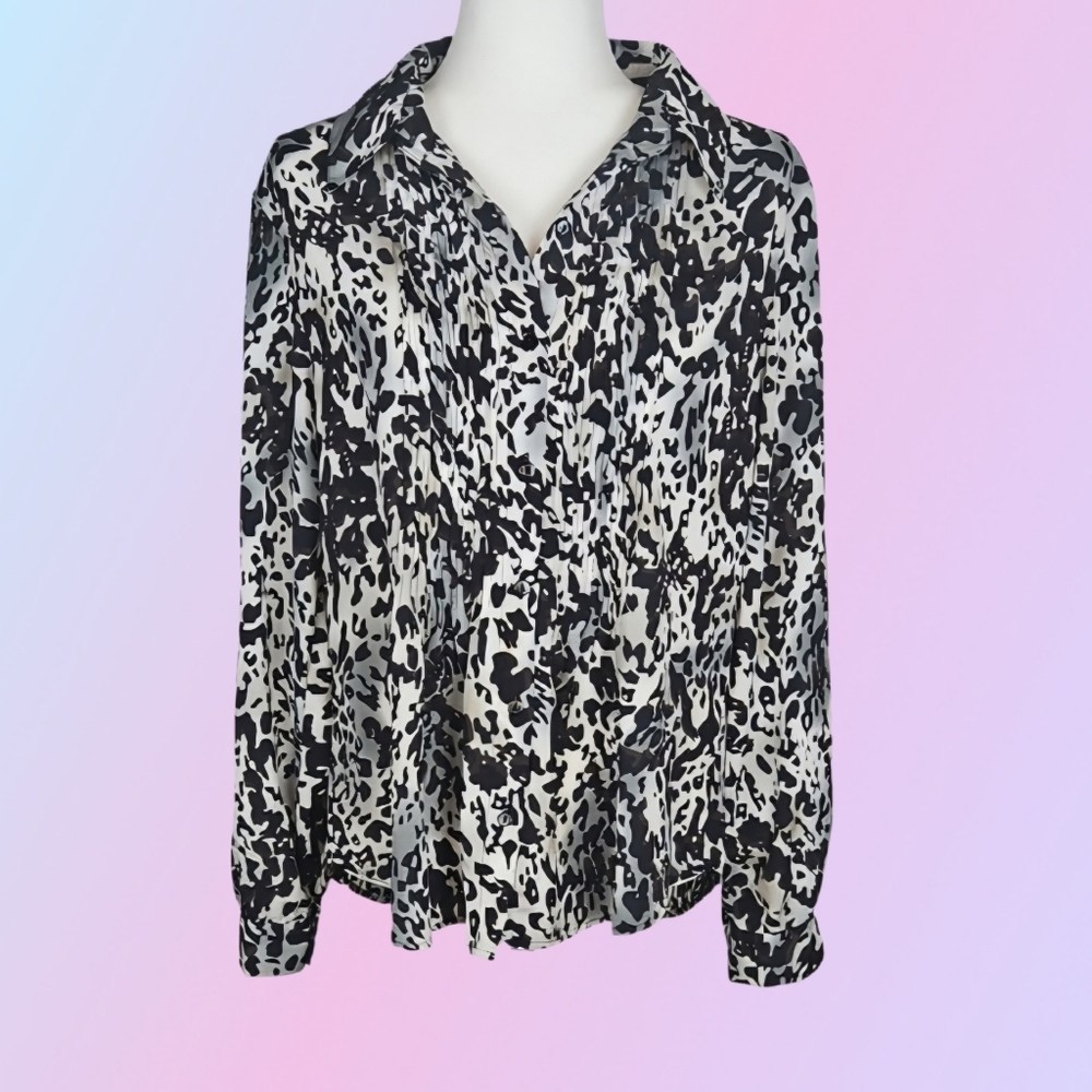 Vintage Pleated Sateen Abstract Print Longsleeve Dress Shirt Blouse Women's